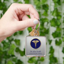 Guld Professionell Medicinsk blå Caduceus Fyrkantig Silverfärgad Nyckelring