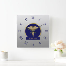 Guld Professionell Medicinsk Caduceus Blue Namn Fyrkantig Klocka
