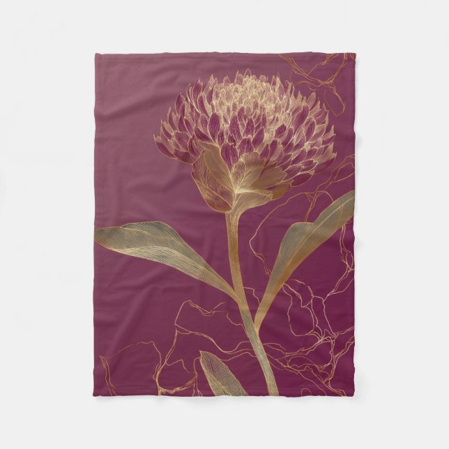 Guld Protea Blomma Burgundy Botanisk Linjearbete Fleecefilt (Framsidan)