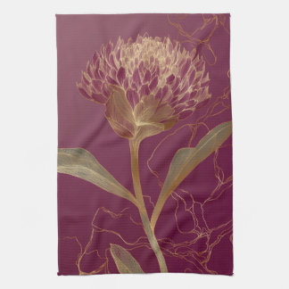 Guld Protea Blomma Burgundy Botanisk Linjearbete Kökshandduk