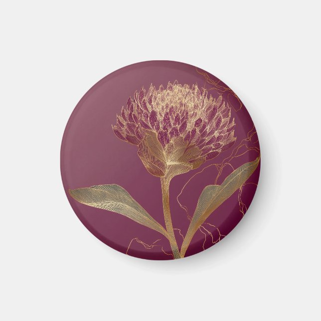 Guld Protea Blomma Burgundy Botanisk Linjearbete Magnet (Framsidan)