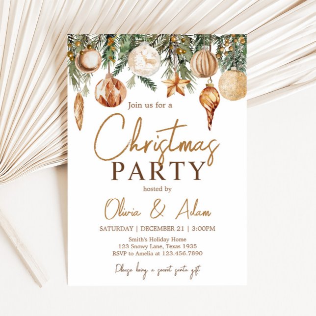 Guld prydnadsföremål Helgdag jul Party Inbjudningar (Golden Holiday Christmas Party Invitation)