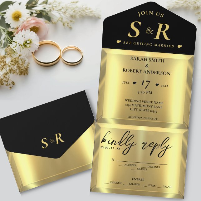 Guld Pub Elegant bröllop (Gold Bar Elegant Wedding All In One Invitation)