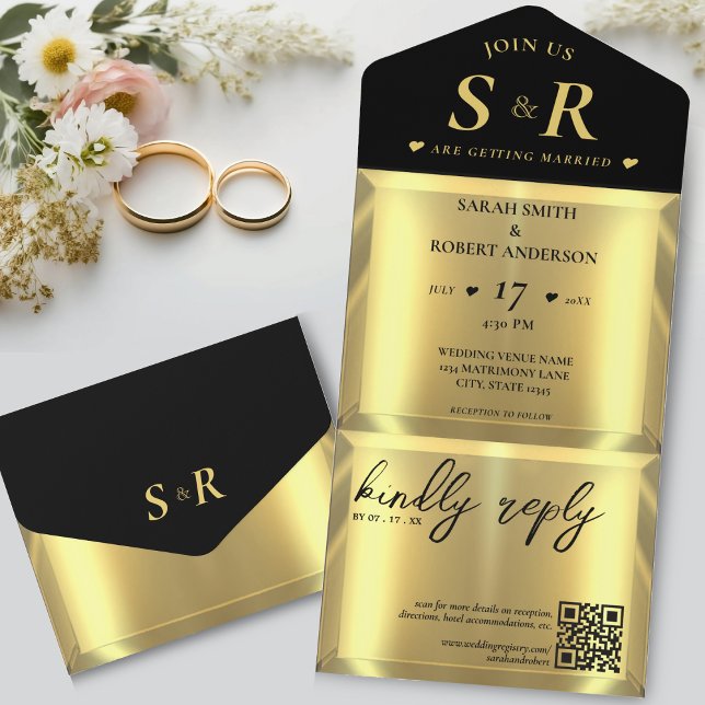 Guld Pub Elegant bröllop (Gold Bar Elegant Wedding All In One Invitation)