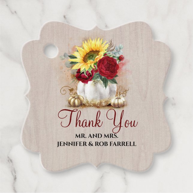 Guld Pumpkin Burgundy Ro och Solros Bröllop Gåvor Etiketter (Framsida)