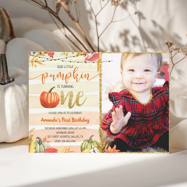 Guld Pumpkin Fall Orange första födelsedag Inbjudningar (Skapare uppladdad)