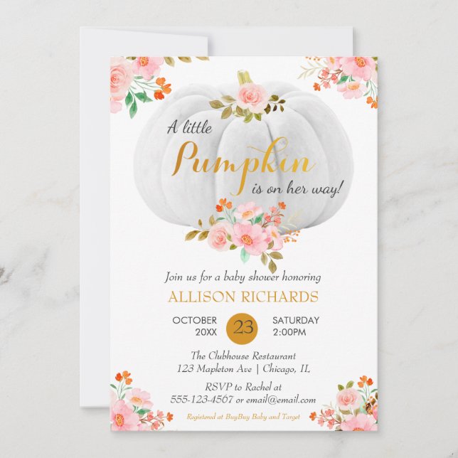 Guld Pumpkin Fall Rosa Blommigt Baby Shower Inbjudningar (Framsida)