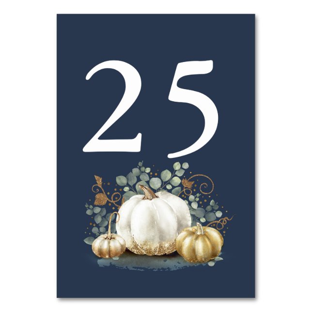 Guld Pumpkin Fall Wedding Bordsnummer Navy Blue (Framsidan)