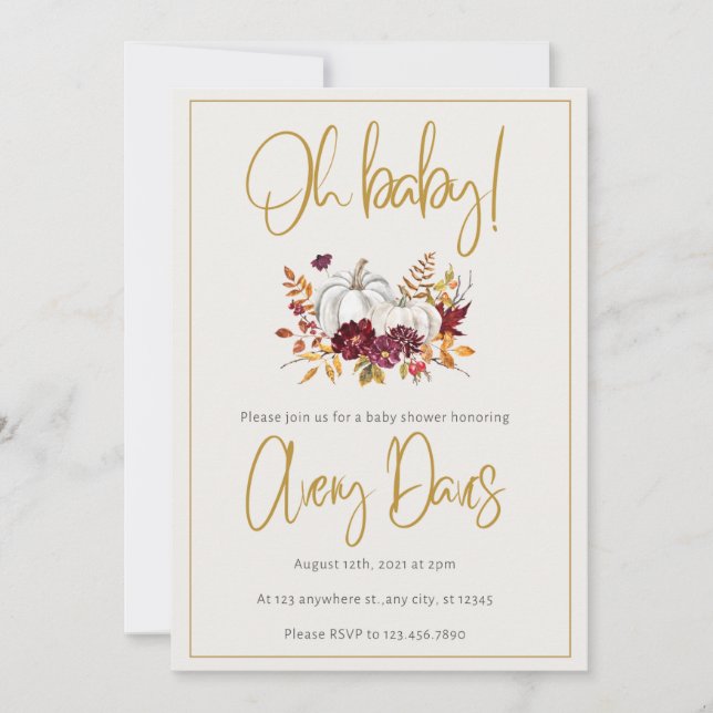 Guld Pumpkin och Blommigt Fall Baby Shower Inbjudningar (Framsida)