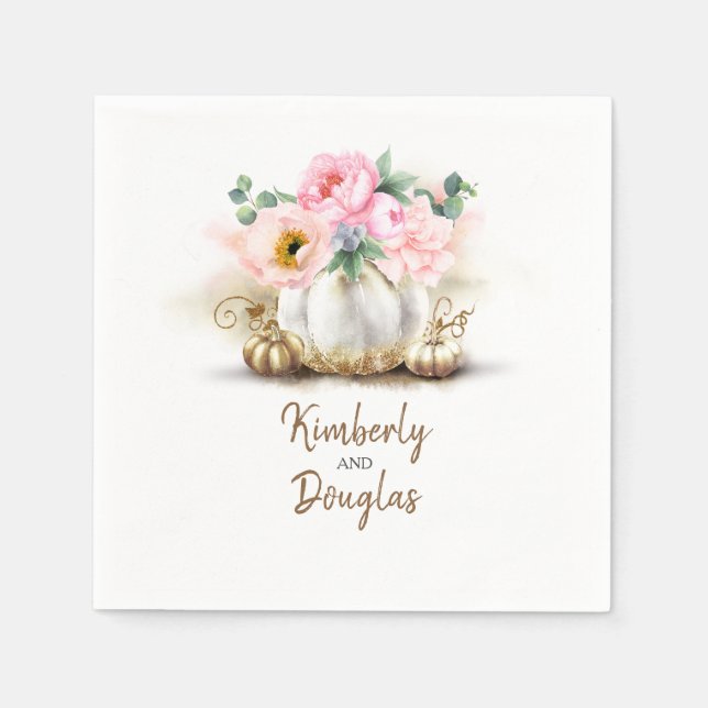 Guld Pumpkin och Rosa Flowers Rustic Fall Pappersservett (Framsidan)