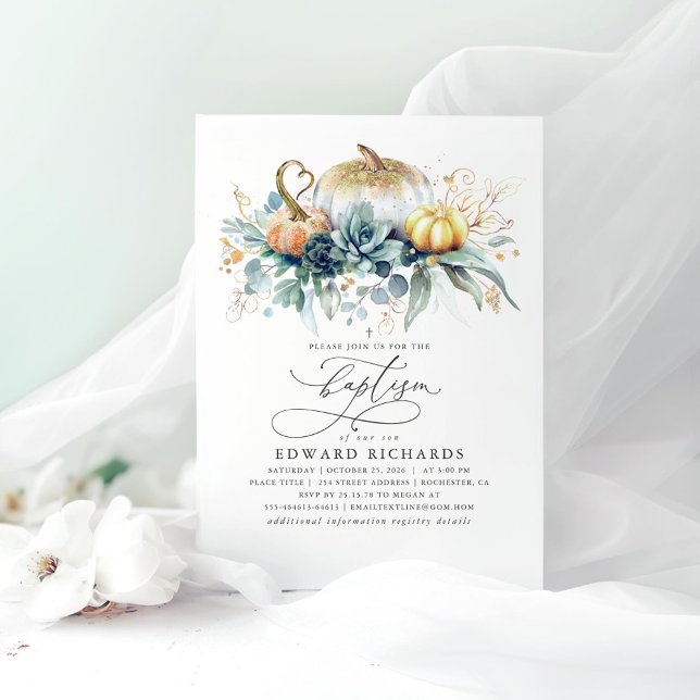 Guld Pumpkins and Succulents Greenery Fall Baptism Inbjudningar (Pumpkins Greenery Baptism Invitations)