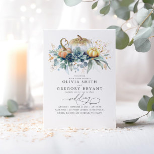 Guld Pumpkins and Succulents Greenery Fall Wedding Inbjudningar