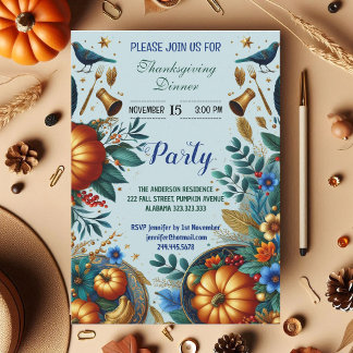 Guld Pumpkins Blue Bird Thanksgiving Dinner Party Inbjudningar