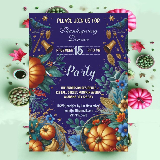 Guld Pumpkins Botaniska Thanksgivingen Dinner Part Inbjudningar (Gold Pumpkins Botanical Thanksgiving Dinner Party Invitation)