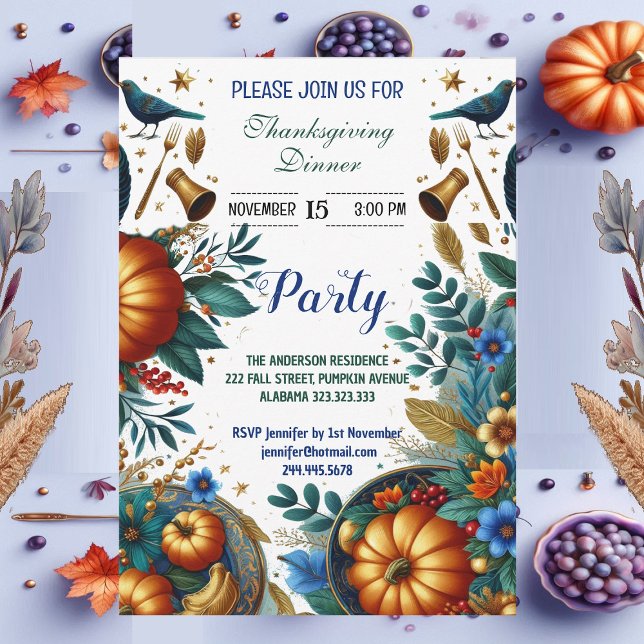 Guld Pumpkins Botaniska Thanksgivingen Dinner Part Inbjudningar (Gold Pumpkins Botanical Thanksgiving Dinner Party Invitation)