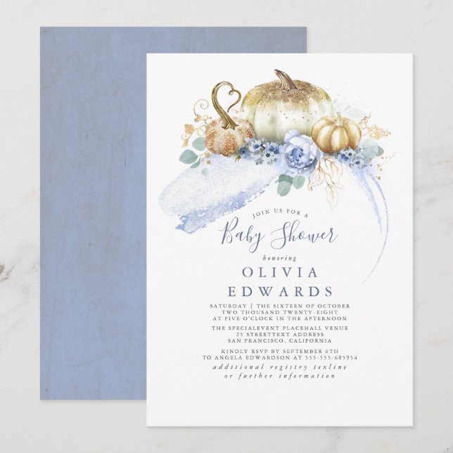Guld Pumpkins Dusty Blue Blommigt Fall Baby Shower Inbjudningar (Fram/baksida)