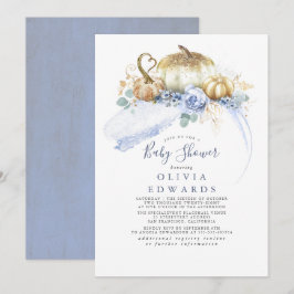 Guld Pumpkins Dusty Blue Blommigt Fall Baby Shower Inbjudningar