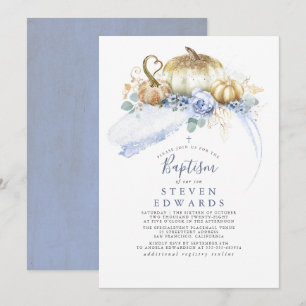 Guld Pumpkins Dusty Blue Blommigt Fall Baptism Inbjudningar