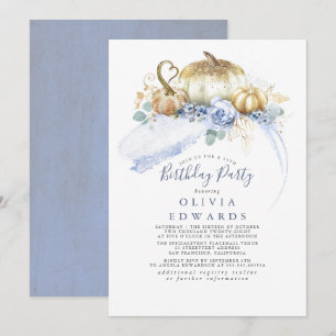 Guld Pumpkins Dusty Blue Blommigt Fall Birthday Inbjudningar