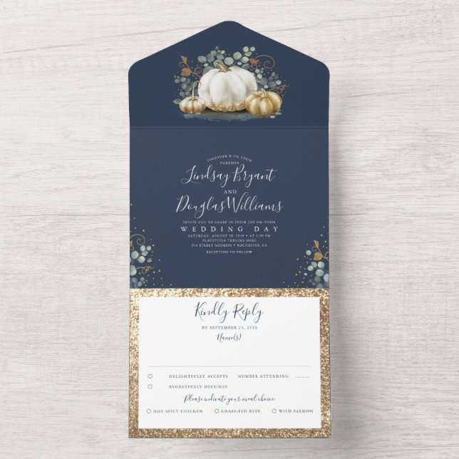 Guld Pumpkins Eucalyptus Fall Navy Blue Bröllop (Inside)