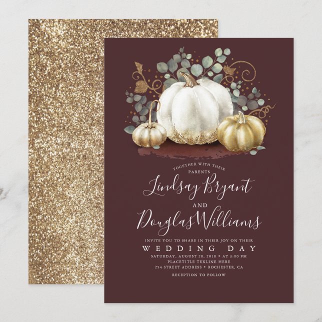 Guld Pumpkins Rustic Burgundy Red Fall Wedding Inbjudningar (Fram/baksida)