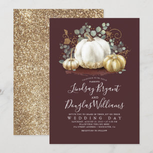Guld Pumpkins Rustic Burgundy Red Fall Wedding Inbjudningar