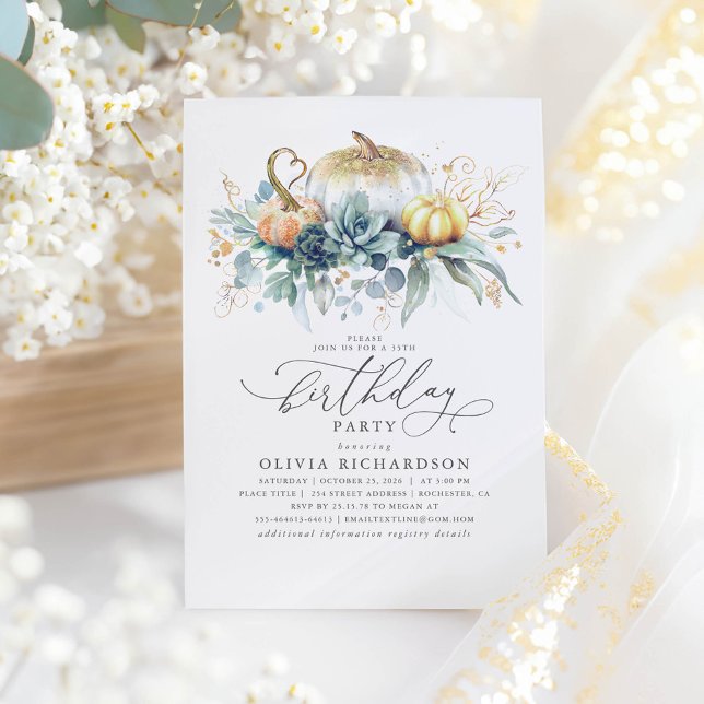 Guld Pumpkins Succulents Greenery Fall Birthday Inbjudningar (Pumpkins and Greenery Birthday Invitation)