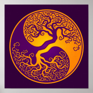 Guld- purpurfärgad livets träd Yin Yang Poster