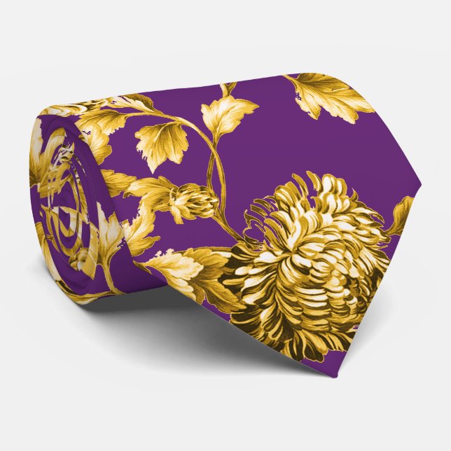 Guld- purpurfärgad modern vintage botaniska blom- slips (Rullad)