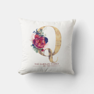 Guld Q Monogram Blommigt Burgundy Red och Navy Blu Kudde