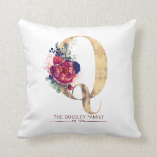 Guld Q Monogram Blommigt Burgundy Red och Navy Blu Kudde