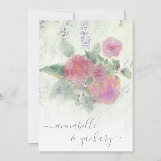 *~* Guld QR AR12 Skador OSA Bukett med rosor Bröll Inbjudningar (Framsida)