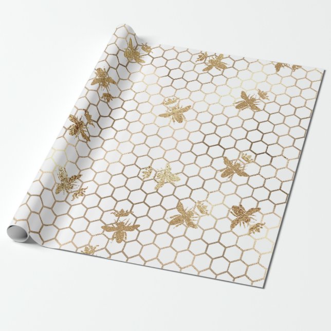 Guld Queen Bees och Honeycomb på White Presentpapper (Utrullad)