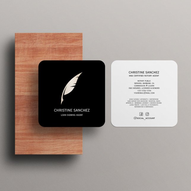 Guld Quill Pen MOBILE NOTARY SINGNING AGENT BLACK Fyrkantigt Visitkort (Skapare uppladdad)