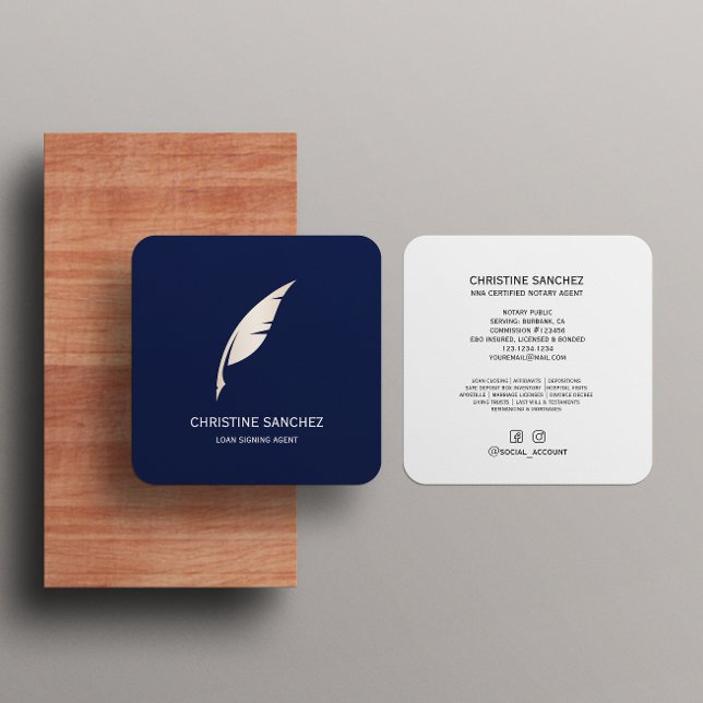 Guld Quill Pen MOBILE NOTARY SINGNING AGENT Blue Fyrkantigt Visitkort (Skapare uppladdad)