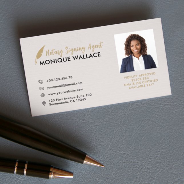 GULD QUILL PEN Professionell Photo Notary Services Visitkort (Skapare uppladdad)
