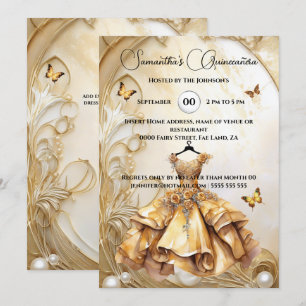 Guld Quinceañera ballgown luxurie blommigt pearl Inbjudningar