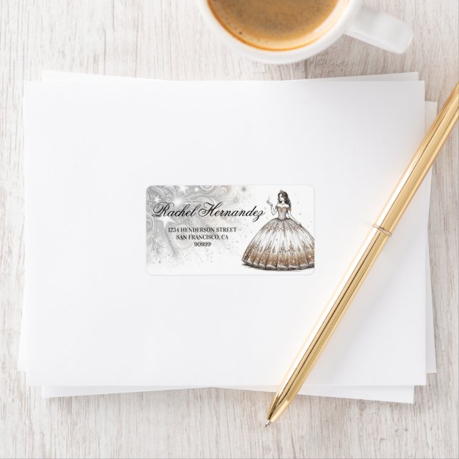 Guld Quinceañera Girl Adressetikett (Insitu)