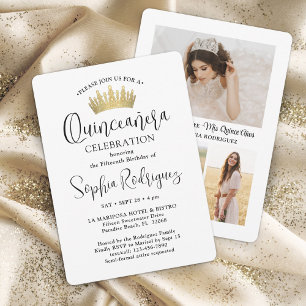 Guld Quinceañera Krona 3 Photo Modern Black White Inbjudningar