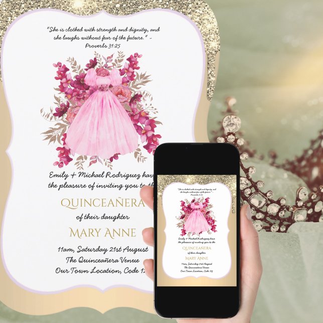 Guld Quinceañera Rosa Blommigt Elegant Inbjudan ti (Skapare uppladdad)