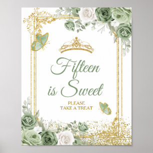 Guld Quinceañera Sage Grönt Krona 15th är Sweet Poster