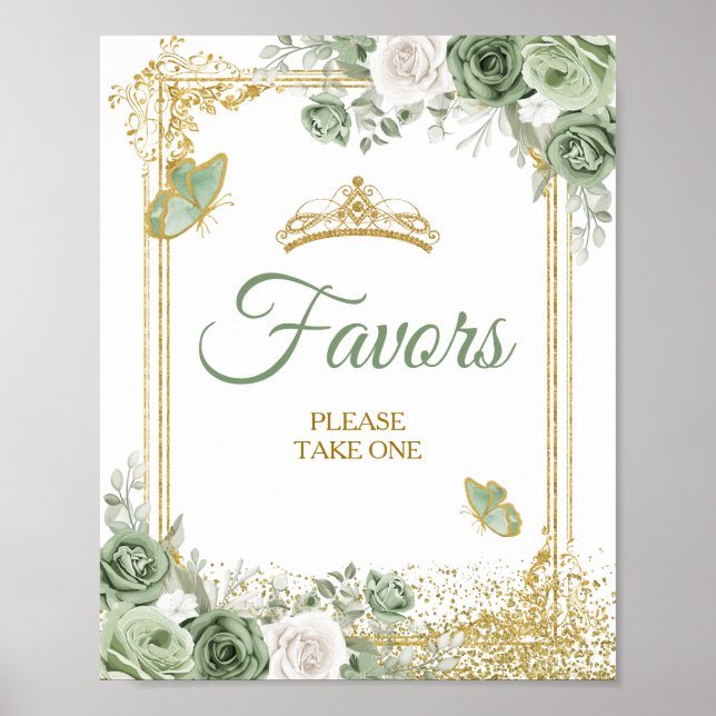Guld Quinceañera Sage Grönt Krona Butterfly Favors Poster (Framsidan)