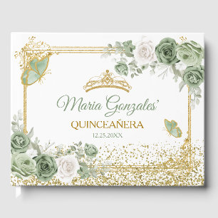 Guld Quinceañera Sage Grönt Krona Butterfly Gästböcker