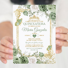 Guld Quinceañera Sage Grönt Krona Butterfly Inbjudningar