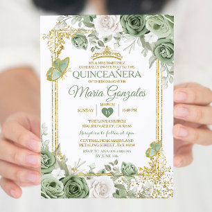 Guld Quinceañera Sage Grönt Krona Butterfly Inbjudningar