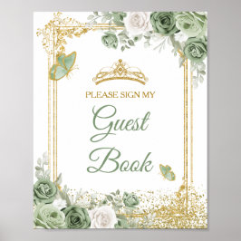 Guld Quinceañera Sage Grönt Krona Guest Bok Poster