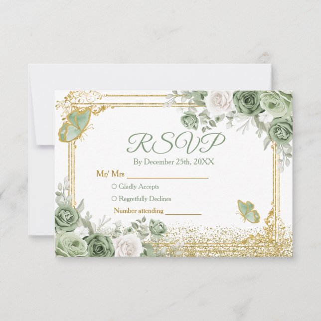Guld Quinceañera Sage Grönt Krona OSA kort (Framsida)