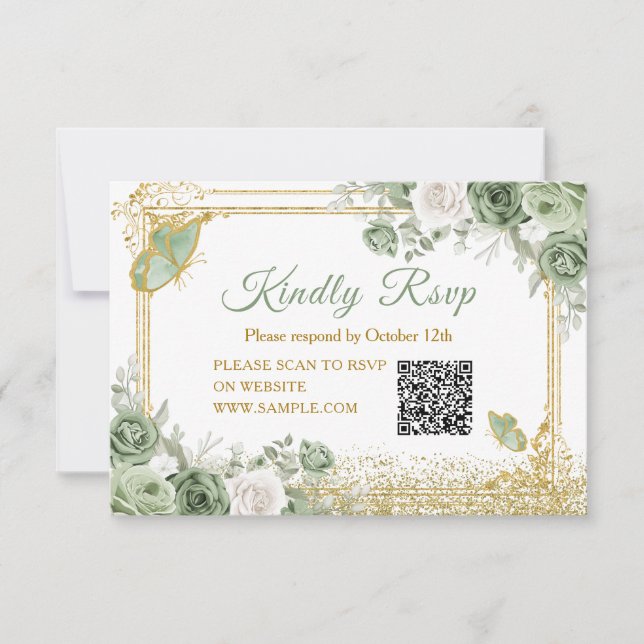 Guld Quinceañera Sage Grönt Krona QR OSA kort (Framsida)