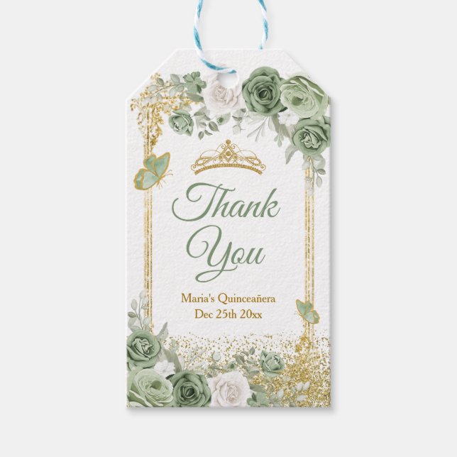 Guld Quinceañera Sage Grönt Krona Tack Presentetikett (Framsidan)