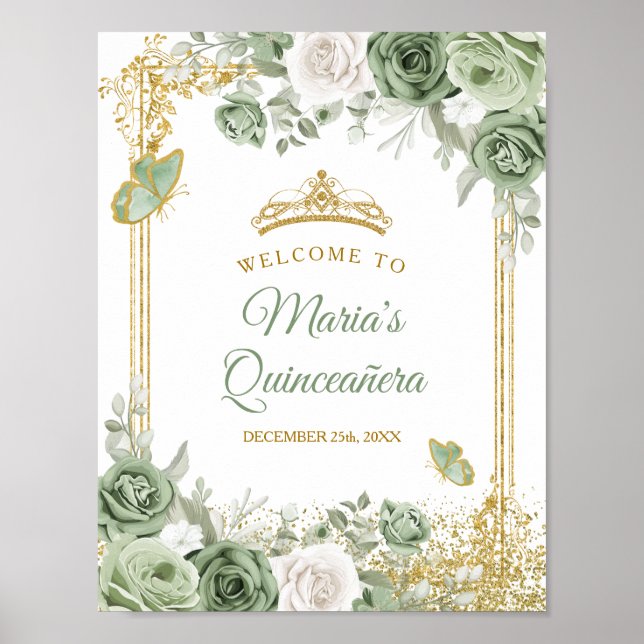 Guld Quinceañera Sage Grönt Krona Välkommen Poster (Framsidan)